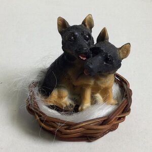 Vintage German Shepherd Puppies Sitting in Basket Resin Figurine